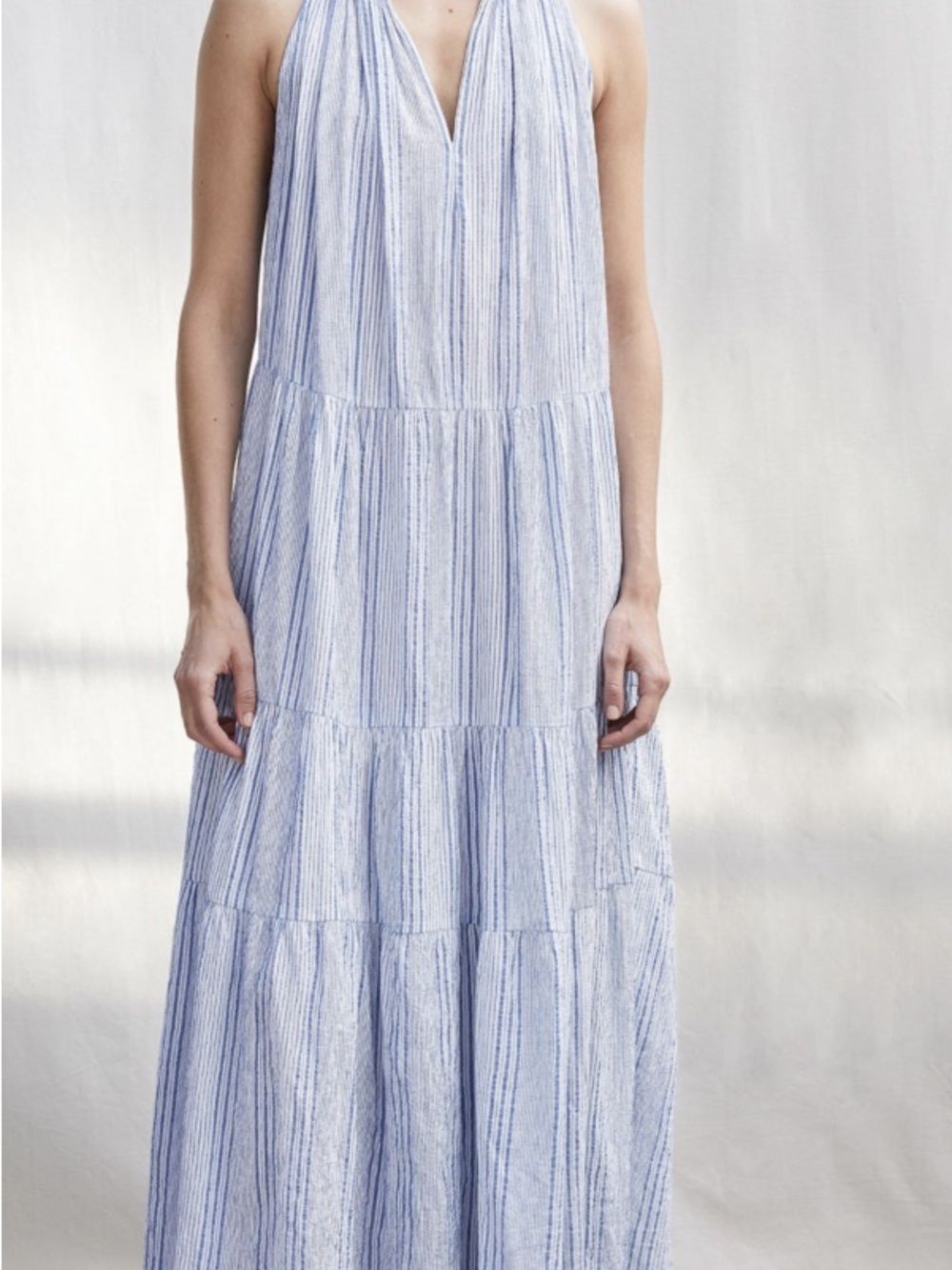 Apiece Apart Nissi Tiers Striped Cotton Maxi Dress Adriatic Blue White Size 12